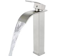 XANAYXWJ Brushed Tall Vessel Sink Faucet - Single Handle Deck Mount Waterfall Mixer Tap with Large Rectangular Spout for Bathroom Lavatory Vanity