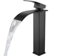 XANAYXWJ Matte Black Tall Bathroom Vessel Sink Faucet - Single Handle Deck Mount Mixer Tap with Large Rectangular Spout for Vanity Lavatory - Waterfall