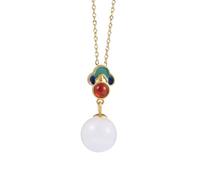 XANAYXWJ S925 Sterling Silver White Jade Necklace Gold Plated Vintage Ethnic Style Agate Nephrite White Jade Pendant Burnt Blue Round Bead Pendant Necklace Necklace