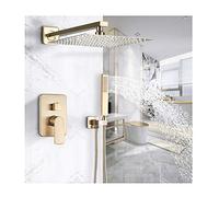 XANAYXWJ Shower System Brass Brushed Gold Luxury Rain Mixer Shower Faucet Set Wall Mounted Multifunction Shower Combo Set with Handheld Shower, Square Rain Shower Head,12 Inch
