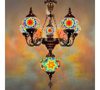 XANAYXWJ Turkish Moroccan Mosaic Chandelier Light Handmade Stained Glass Ceiling Decor Hanging Lamp Bohemian Vintage Pendant Light Fixture with 6 Globes for Restaurant Living Room Bedroom,Orange