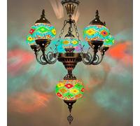 XANAYXWJ Turkish Moroccan Mosaic Chandelier Light Handmade Stained Glass Ceiling Decor Hanging Lamp Bohemian Vintage Pendant Light Fixture with 6 Globes for Restaurant Living Room Bedroom,Green