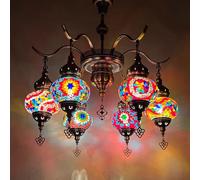 XANAYXWJ Turkish Moroccan Mosaic Chandelier Light Handmade Stained Glass Ceiling Decor Hanging Lamp Bohemian Pendant Light Fixture with 6 Globes for Restaurant Cafe Living Room Bedroom,Multi colored
