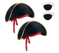 Xanewza Pack of 2 Black Pirate Hat and Eye Patch, Caribbean Captain Costume, Halloween for Accessories, Children and Adults for Fancy Dress / Carnival