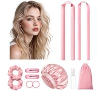 Xanewza Pink Curls Without Heat, 2 Sizes, Heatless Curls with Sleep Cap, Overnight Curlers with Scrunchies and Hair Clips, Non-Slip Hair Curler for Long Medium Hair