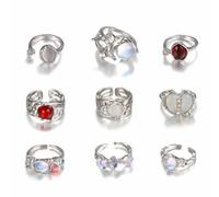 XANHOY 9PCS Silver Plated Moonstone Rings Set for Women Teens Dainty Heart Open Crystal Rhinestones Jewelry
