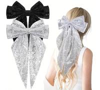 Xansema 2Pcs Big Glitter Hair Bows for Women Girls, Sequin Large Long Cheer Bow Hair Clip Style Hair Accessories (Black Silver)