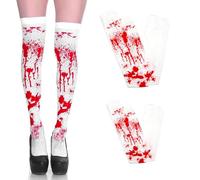 Xanthelle Halloween Socks, 2-pack of Bloody Over-the-knee & Short Socks in White, Spooky Accessories for Nurse Costume Ladies Halloween Style