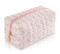 Xanthelle Make Up Bag, Small Cosmetic Bag for Women, Aesthetic Pencil Case & Toiletry Bag, Travel Makeup Pouch for Women, Pastel Pink Quilted Makeup Pouch