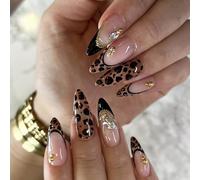 Xanthelle Press on Nails, 24 Pieces Almond Medium Press on Nails & French Tip Fake Nails, Shiny Acrylic Nails with Gold Chain & Steel Beads, Cheetah Print for Women