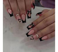 Xanthelle Press On Nails, 24 Pieces Coffin Nails Medium with Black French Tip, Fake Nails with 3D Bow & Heart Rhinestone Design, Summer Press On Nails for Women