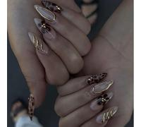Xanthelle Press On Nails, 24 Pieces Leopard Nails Almond Medium, False Nails with Brown Flower Design, Glossy Full Cover Nails, French Press On Nails Summer Women
