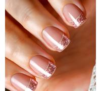 Xanthelle Press On Nails, 24 Pieces Stick-On Nails Short, Glitter French Tip Fake Nails Glossy Nude Square Artificial Nails, Soft Gel Nail Art for Women