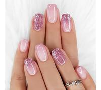 Xanthelle Press On Nails, 24 Pieces Stick On Nails Short, Medium Square Fake Nails with Pink Gradient & Glitter, Soft Gel Artificial Nails for Women & Girls Manicure