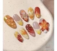 Xanthelle Press On Nails, 30 Pieces Stick-On Short Nails, Artificial Nails Gel Nails, Medium French Autumn Maple Leaf 3D Flowers & Gold Leaf