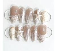 Xanthelle Press On Nails, 30 Pieces Summer Beach Nails Almond Medium, French Tip False Nails with 3D Pearl Seashell & Starfish Design, Summer Press On Nails for Women