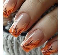 Xanthelle Press on Nails, Autumn Medium Almond Fake Nails with Glitter Maple Leaves, Stick-on Artificial Nails Nude Orange, Reusable Set of 24 Pieces