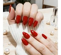 Xanthelle Press on Nails, Red Artificial Nails Short Almond Shape, Glossy Adhesive Nails with Glue, Reusable Fingernail Set for Women