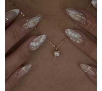 Xanthelle Press on Nails, short press on nails & stick-on nails, almond fake nails with white floral accents and gold lines, glossy gel nails, reusable, 24 pieces