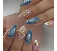 Xanthelle Press on Nails, short press-on nails & stick-on nails, Gold Bow Star Design, medium blue fake nails with French tip, glossy, reusable nail kit, 24 pieces