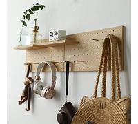 XAOHOME Wooden Pegboard, Sturdy Peg Board for WallsModular Grid Organizer, DlY Storage and Display Panels withShelves and Brass Hooks(Color:Oak)