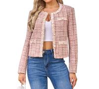 Xaspee Women's Tweed Blazers Cropped Long Sleeve Crewneck Open Front Lace Trim Lightweight Plaid Work Blazer Jackets, Pink, XL