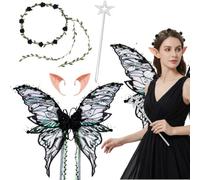XazNvc Fairy Wings, Butterfly Wings Adults, 4PCS Angel Costume Accessories, Sparkling Sheer Wings with Flower Headband, Black Wings Cosplay Set for Halloween Party Cosplay (Black)