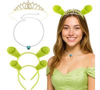 XazNvc Green Headband,World Book Day Costumes,4 Pcs Cute Ears Headbands Set with Crown and Necklace,Carnival Costume for Cosplay Fancy Dress and Themed Parties for Ages 15 and Above