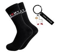 XazNvc I Love My Girlfriend Socks Set, Valentines Socks with Duck Keyring, Valentines Gifts for Him, Breathable Cotton, Couples Keyrings, Anniversary Birthday Valentine Day
