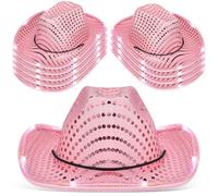 Xaztr 10 Pack Sequin Led Cowboy Hats, Pink Led Lights Cowboy Hats Bulk Light Up Glitter Flashing Western Cowgirl Party Hats with Chin Strap for Festival, Birthday, Rave, Role Play