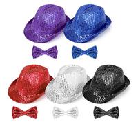 Xaztr 10Pcs Sequin Fedora Hat Unisex Glitter Retro Dance Jazz Cap with Bow Ties Set Party Costume Accessories for Dance Stage