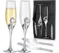 Xaztr Wedding Champagne Flutes Gift Set Engraved Flutes Cake Knife and Server Set, Toasting Glasses with Rhinestone Hearts for Bride Groom, Wedding Anniversary(Silver)