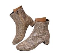 Xbemkste Ankle Boots Women's Chunky Heels Ankle Boots Glitter Short Shaft Boots with Zip Party Wedding Shoes Elegant Women's Boots Chic Wide Shaft Boots, gold, 4.5 UK