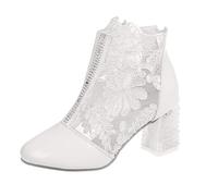 Xbemkste Ankle Boots Women's Short Shaft Boots Elegant Lace Flowers High Heels Mesh Rhinestone Evening Party Bridal Shoes Wedding Shoes Chic Ankle Boots, White, 4.5 UK