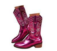 Xbemkste Boots Women's Block Heel Embroidery Patent Round Toe with Zip Medium High Boots Elegant Women's Boots Short Shaft Boots Half Shaft Boots Winter Boots, red, 8.5 UK