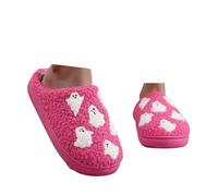 Xbemkste Halloween Slippers Women's Winter Warm Felt Slippers Ghost Plush Slippers Cosy Soft Fuzzy Fur Slippers Fleece Memory Foam Open Heels Home Shoes, red, 4 UK