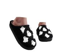 Xbemkste Halloween Slippers Women's Winter Warm Felt Slippers Ghost Plush Slippers Cosy Soft Fuzzy Fur Slippers Fleece Memory Foam Open Heels Home Shoes, black, 4 UK