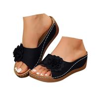 Xbemkste Platform Sandals, Women's Elegant Slippers with Wedge Heel, Women's Wedge Sandals, Summer Sandals with Flowers, Comfortable Sandals, Slippers for Everyday, Beach, black, 8.5 UK