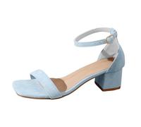 Xbemkste Sandals Women's Transparent Chunky Heel Mules with Pearls Sandals Elegant Dress Shoes Summer Crystal Sandals for Party, Wedding, T1 Light Blue, 7 UK
