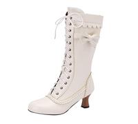 Xbemkste Traditional Boots Women's Vintage Victorian Boots Lace-Up Boots Medieval Shoes Middle Calf Wedding Dress Elegant Long Shaft Boots Winter Shoes, White, 8.5 UK