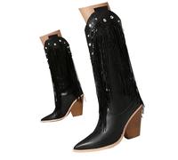 Xbemkste Western Boots Fringe Women's Knee-High Cowboy Boots with Chunky Heel Medium Height Women's Boots Glitter Fringe Boots Winter Boots for Party Concert Court, black, 7 UK