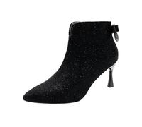 Xbemkste Women's Ankle Boots with Stiletto Heel Lace Toe Ankle Boots Elegant Ankle Boots with Bow Glitter Short Shaft Boots Wedding Shoes for Dating Party Business, black, 8 UK