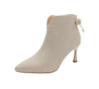 Xbemkste Women's Ankle Boots with Stiletto Heel Lace Toe Ankle Boots Elegant Ankle Boots with Bow Glitter Short Shaft Boots Wedding Shoes for Dating Party Business, beige, 8.5 UK
