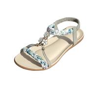 Xbemkste Women's Bohemian Summer Sandals Flat with Rhinestone Beads Beach Sandals Beautiful Knitted Sandals Ankle Elastic Sandals, sky blue, 5.5 UK