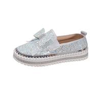 Xbemkste Women's Glitter Trainers Sequins Sparkle Platform Rhinestone Party Holiday Wedding Trainers Slip On Fabric Shoes with Bow Flat Loafer Walking Shoes, Green, 5.5 UK