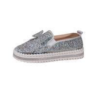 Xbemkste Women's Glitter Trainers Sequins Sparkle Platform Rhinestone Party Holiday Wedding Trainers Slip On Fabric Shoes with Bow Flat Loafer Walking Shoes, gray, 5 UK