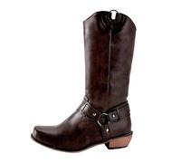Xbemkste Women's Half Boots, Block Heel, Vintage Cowboy Boots with Metal Buckle Made of Leather, Mid-Calf Boots, Western Boots, Short Shaft Boots, Comfortable Winter Boots, brown, 4.5 UK