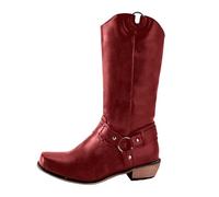 Xbemkste Women's Half Boots, Block Heel, Vintage Cowboy Boots with Metal Buckle Made of Leather, Mid-Calf Boots, Western Boots, Short Shaft Boots, Comfortable Winter Boots, red, 8.5 UK