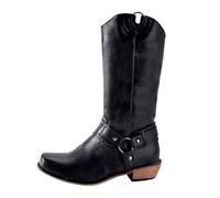 Xbemkste Women's Half Boots, Block Heel, Vintage Cowboy Boots with Metal Buckle Made of Leather, Mid-Calf Boots, Western Boots, Short Shaft Boots, Comfortable Winter Boots, black, 8.5 UK