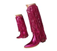 Xbemkste Women's Knee Boots Glitter Patent Half Shaft Fringe Boots Cowboy Boots Women's with Heel Western Boots Classic Knee-High Boots Half Boots Winter Boots, red, 8 UK